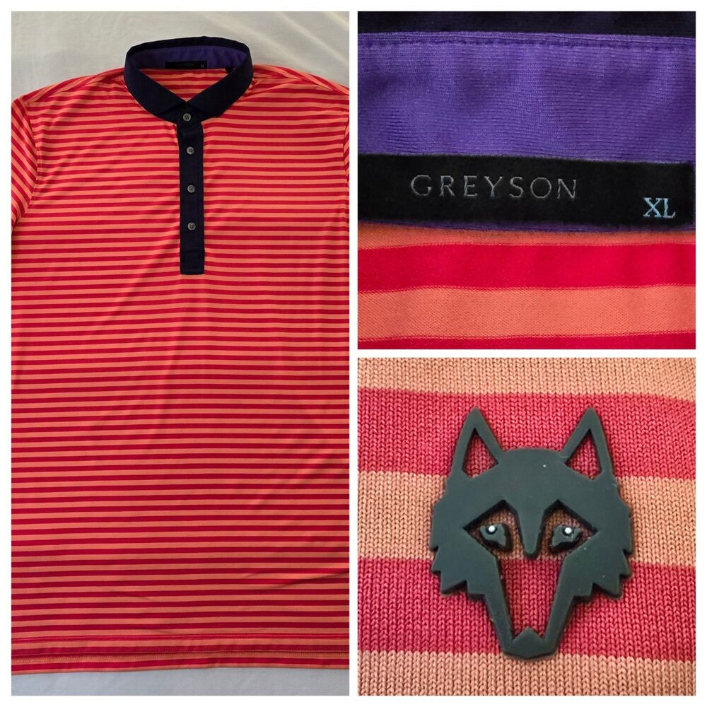 Greyson Golf Stiped Polo Shirt Mens XL Rubber Wolf Logo Performance Short Sleeve